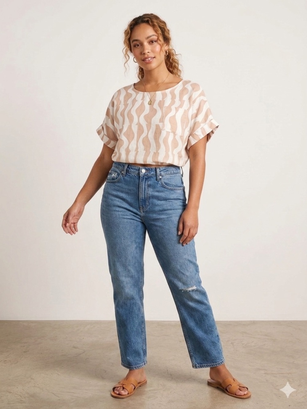 NWT Wavy Abtract Stripe Boxy Crop short Sleeve Top - Beige & Cream (S/M)